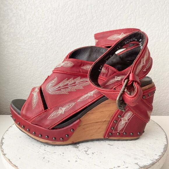 Lane Boots LEXINGTON Womens Red Wedges 11 Western Sandals Cowgirl Wooden Heels - Picture 4 of 11